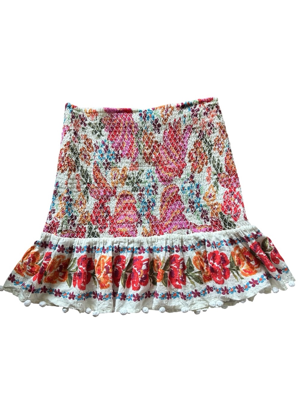 FARM RIO Boho Colorful Resort Floral Smocked Pom Pom Ruffled Mini Skirt S